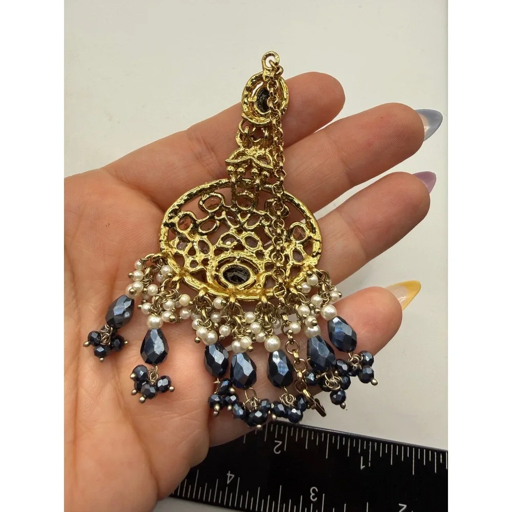 Gold Tone Maang Tikka Navy‎ Blue Crystal Faux Pearl Indian Bridal Headpiece